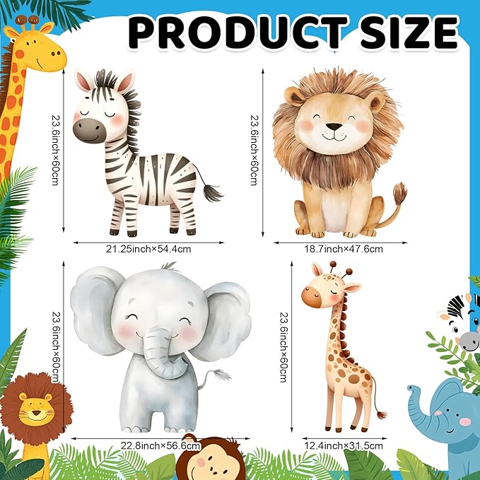 4 Pcs Large Jungle Animals Decorations 23.6 Inch Safari Birthday Decorations Jungle Animals Cutouts Backdrop Booth Props Party Supplies for Wildlife Theme Birthday Party Decor