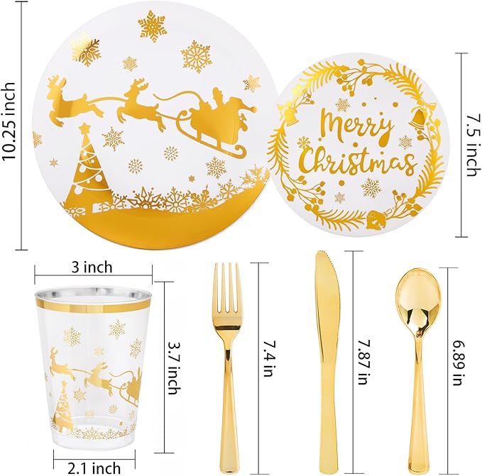 Supernal 150pcs Christmas Plates, Christmas Plastic Dinnerware include Gold Plastic Plates,Gold Disposable Silverware, Disposable Cups, Xmas Party Plate for 25 Guests