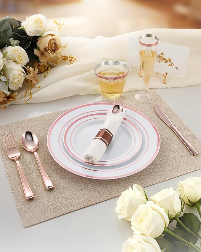 Goodluck 320PCS Rose Gold Disposable Plastic Dinnerware Set for 40Guests, Include 40 Dinner Plates, 40 Dessert Plates, 40 Napkins with Silverware, 40 Cups, 40 Champagne Glasses, for Christmas, Wedding