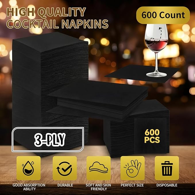 Henoyso 600 Pack 3 Ply Black Cocktail Napkins Bulk 9.8'' x 9.8'' Disposable Dinner Beverage Paper Napkins for Wedding Bar Party Birthday Cocktail Holiday Elegant Restaurant Event