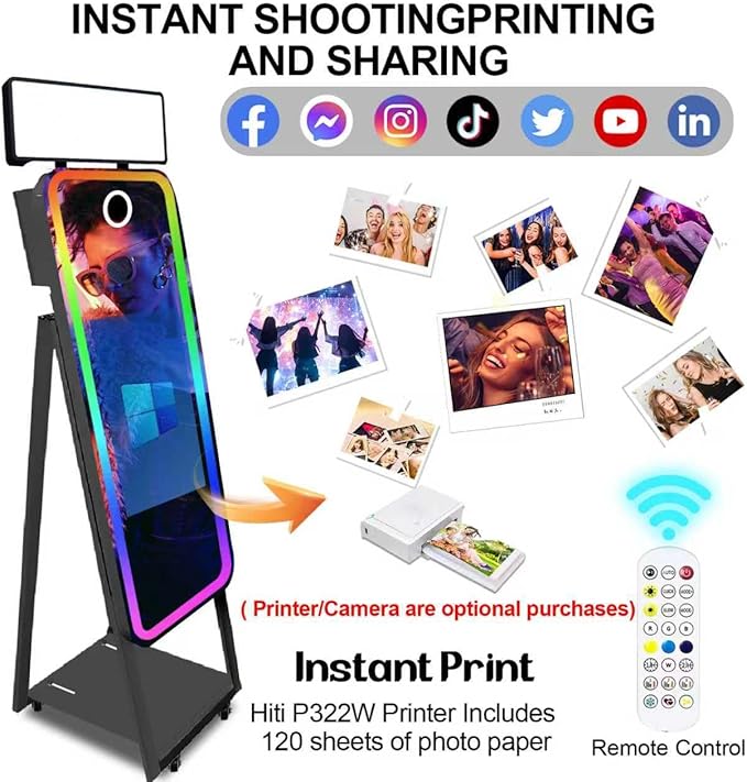 Magic Mirror Photo Booth,Mirror Photo Booth Interactive Touch Screen with Flight Case, Built-in Mini PC with Instant Print and Sharing for Event Party Wedding Rental (Black, 21.5''Screen)