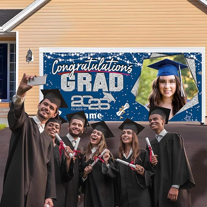 Custom Garaduation Garage Door Banner Cover 16 x 7 ft Class of 2026 Congrats Grad Party Backdrop Personalized Graduation Decoration(Blue and Silver)