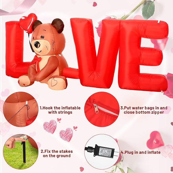 Shappy 9 FT Valentine's Day Inflatable Yard Decorations Love Letters with Bear Led Lighted Inflatables Outdoor Decoration Valentine Blow Up Decor for Wedding Propose Anniversary Party Supplies