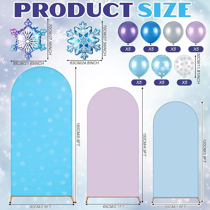 34 Pcs Winter Party Wonderland Decorations 4ft 5ft 6ft Snowflake Arch Backdrop Covers Wonderland Spandex Arch Backdrop Blue Purple Balloon for Winter Birthday Princess Themed Party Decor