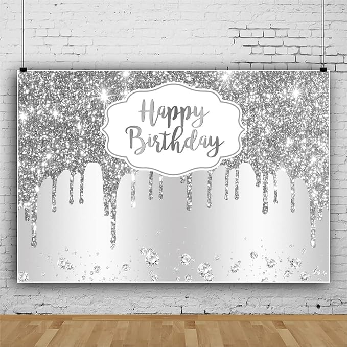 12x8ft Happy Birthday Backdrop Silver Glitter Sparkle Sequins Luxury Dreamlike Photography Background for Elegant Woman Girly Birthday Party Banner Decor Video Shooting Vinyl Studio Props