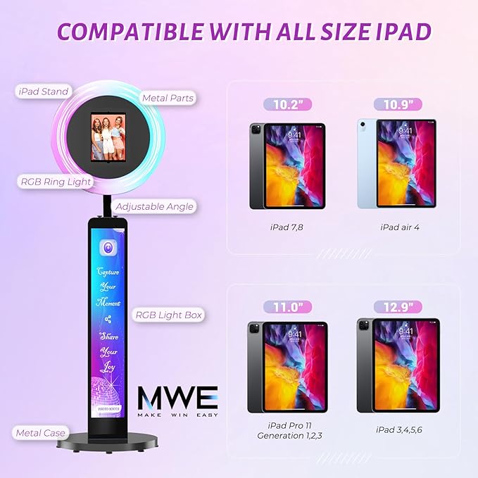 JIYANG Photo Booth Machine Compatible with Any Ipad,ChackTok PhotoBooth VIP Member,Free Custom Logo,Software APP Control Ring Light,Perfect for Wedding,Parties and Birthday