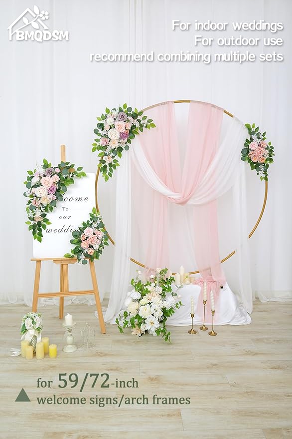 Faux Flowers Wedding Welcome Signs Floral(Pack of 2)，Wedding Arch Flowers Swag for Decorations and Reception Backdrop Decoration (Pink)