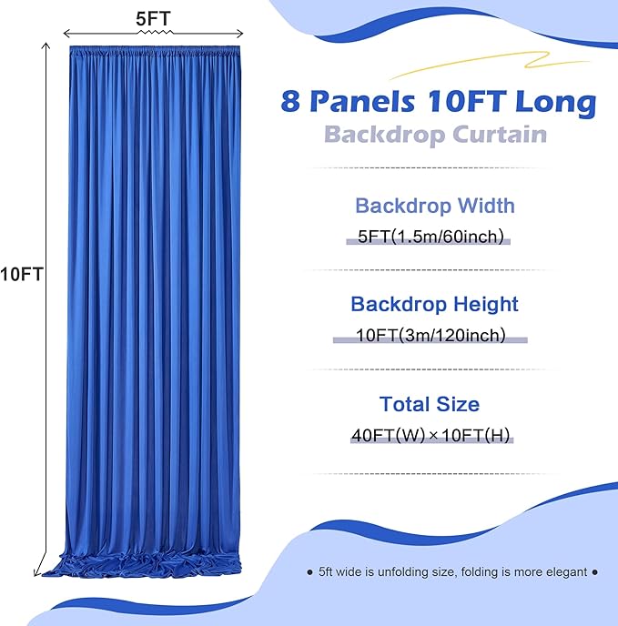 40ft×10ft Wrinkle Free Royal Blue Backdrop Curtain for Parties, 8 Panels 5×10ft Soft Sliky Polyester Blue Photo Backdrop Drapes for Boss Baby Birthday Party Wedding Photography Background