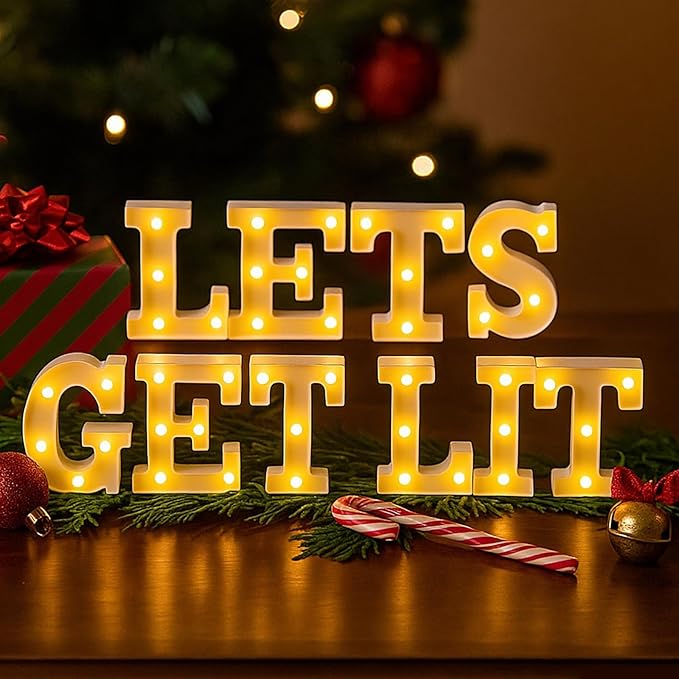 Honoson 10 Pcs Christmas Decorations Indoor Lets Get Lit Lights up Sign Christmas Party Table Decorations for Holiday Party Home Room Neon Wall Light Decor Xmas Gift
