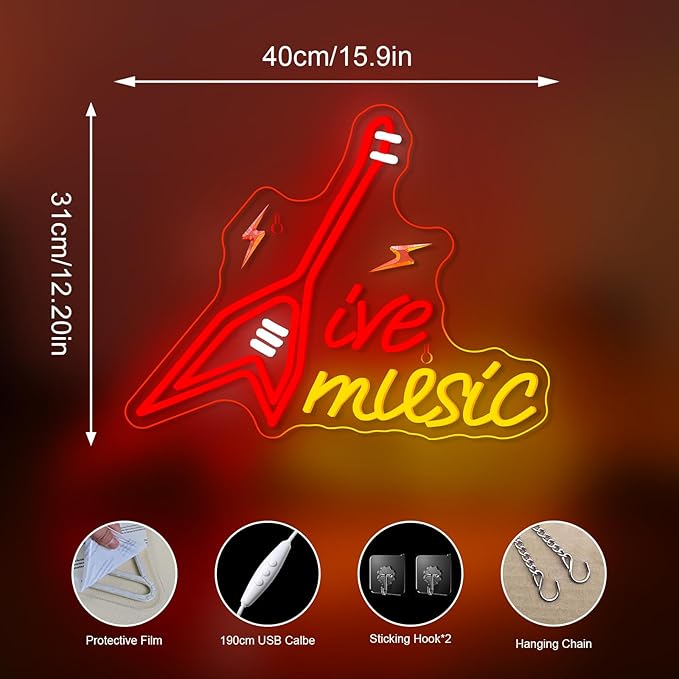 NOSUN Guitar Neon Sign Live Music Neon Wall Sign Decor for Bedroom Living Room Man Cave Music Studio Gift for Guitar Players Guitarists Lovers
