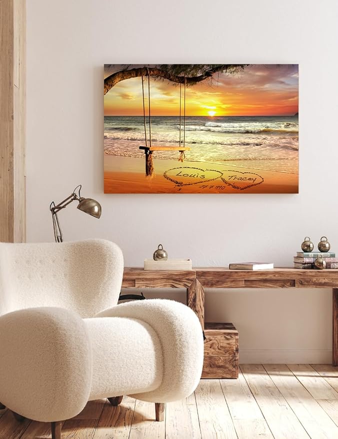 IPIC - "Eternal Love Personalized Canvas Wall Art, Custom Beach Sunset Scene with Names and Date in Sand, A Personalized Gift for Couple, Wedding, or Anniversary, Coastal Home Decor
