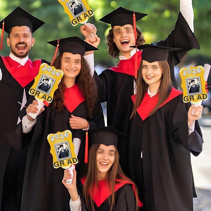 Personalized Graduation Double Sided Face Fan Class of 2026 Customized Graduation Head Face Cutout with Handle Fun Photo Prop Supplies(A-Gold and Black,24pcs)