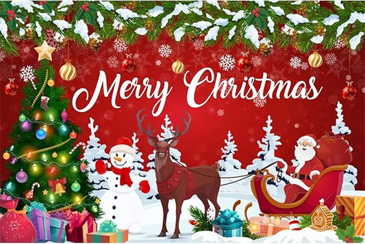 YongFoto Merry Christmas Backdrop 8x6.5ft Snowman Christmas Tree Santa Clause Elk Photography Background Happy New Year Xmas Eve Family Party Banner Room Decorations Photoshoot Wallpaper Photo Booth