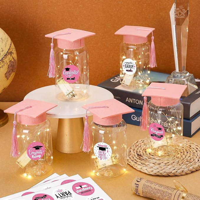 Boao 16 Sets Graduation Table Decoration Set with LED Light up Graduation Decorations for Class of 2026, Grad Jar, Felt Grad Hat and Stickers for High School College(Pink)