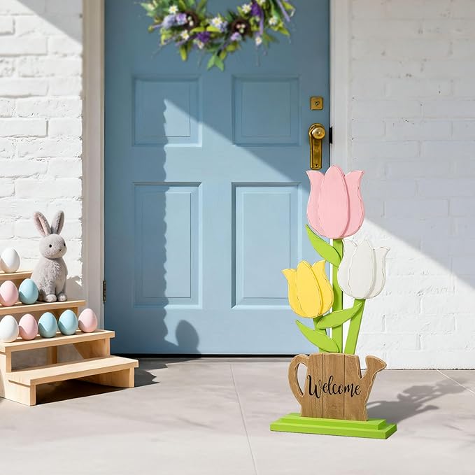 Glitzhome 30"H Easter Wooden Tulip Porch Decor,Standing Decorative Signs for Front Porch Farmhouse Outdoor Spring Easter Party Decor