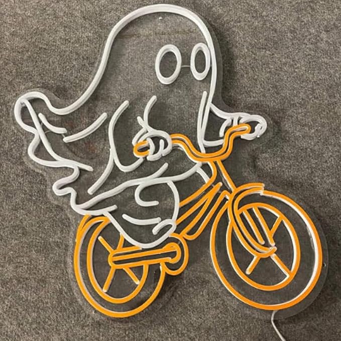 Ghost Riding A Bicycle Neon Sign, Custom Cute Ghost Biker LED Light, Ghost Halloween Neon Light Wall Decor, Ghost Night Light For Home Décor Size:23inches