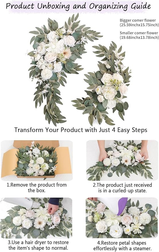 Wedding Arch Faux Flowers Set of 2 Wedding Welcome Sign for Wedding Decor Ceremony and Reception Backdrop Decoration (White)