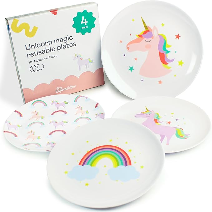 Tiny Expressions Unicorn Plates – 10" Set of 4 Reusable Melamine Party Plates with Rainbows, Stars & Whimsical Unicorns – Ideal for Everyday Use, Table Decor, Gifts, Birthdays & Party Favors