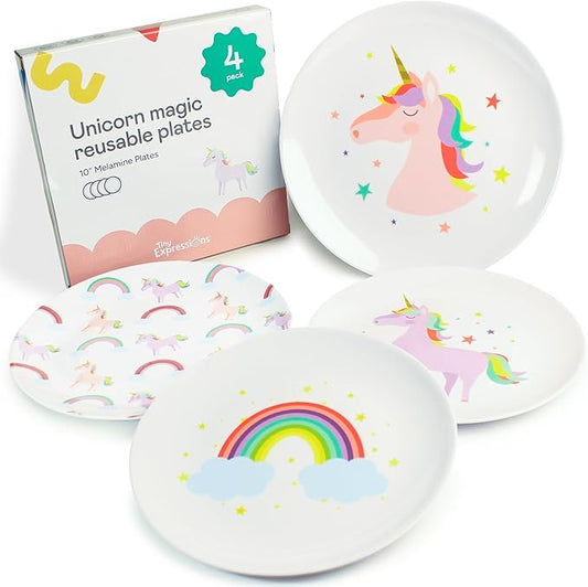 Tiny Expressions Unicorn Plates – 10" Set of 4 Reusable Melamine Party Plates with Rainbows, Stars & Whimsical Unicorns – Ideal for Everyday Use, Table Decor, Gifts, Birthdays & Party Favors