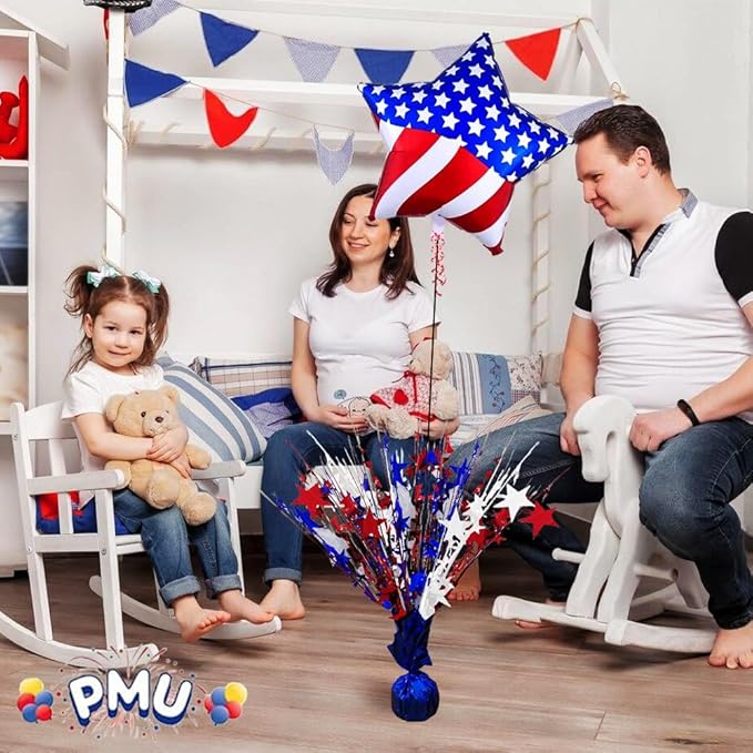 PMU 12Pc Patriotic Bursting Star Centerpiece For Table Décor, Table Balloon Weights for Veterans, Independence Day, Red, White & Blue | 15in