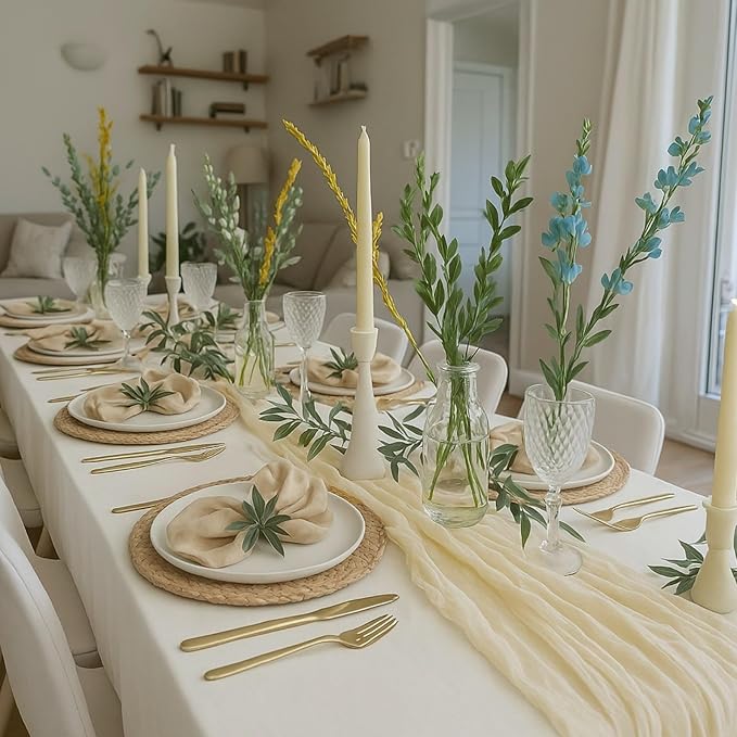 12 Pack Beige Cheesecloth Table Runner – 10FT x 12pcs Soft Gauze Boho Table Runners for Baby Shower, Coastal Wedding, Modern Rustic Party Decor
