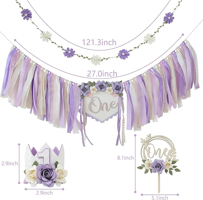 JUIIZAY First Birthday Decorations For Girl Purple High Chair Banner One Flower Cake Topper Floral Hat Wildflower Garland 1st Birthday Decoration Supplies