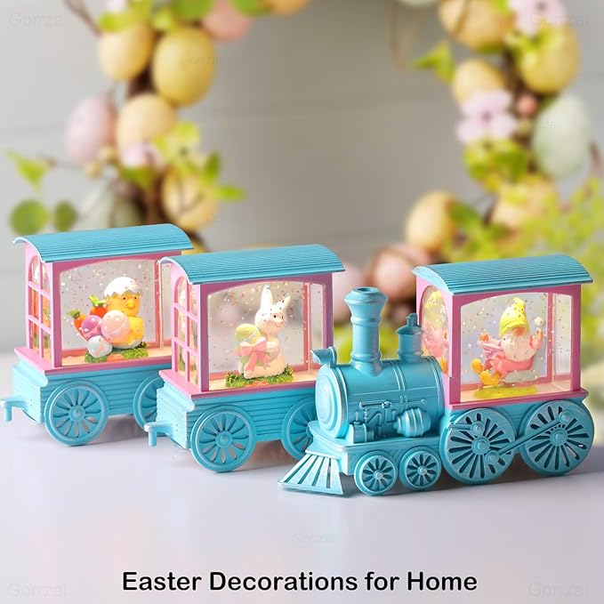 Easter Snow Globe Lighted Bunny Snow Globes with 6H Timer and Manual Glitter, Light Up Easter Decorations for Home Indoor Bunny Decor Gift with Train Gnome Chicken Eggs, Battery Operated