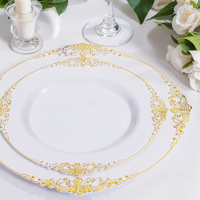 Nervure 175PCS White and Gold Plastic Plates - Disposable Dinnerware Set Include 50 Gold Plates for Dinner and Dessert, 75 Cutlery, 25Cups 25Napkins for Wedding & Party & Thanksgiving