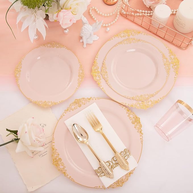 Morejoy 175pcs Pink Plastic Plates - Pink and Gold Disposable Plates sets, Include 25 Dinner Plates,25 Dessert Plates,25 Cutlery Sets,25 Napkins Perfect for Wedding & Party & Holiday & Christmas