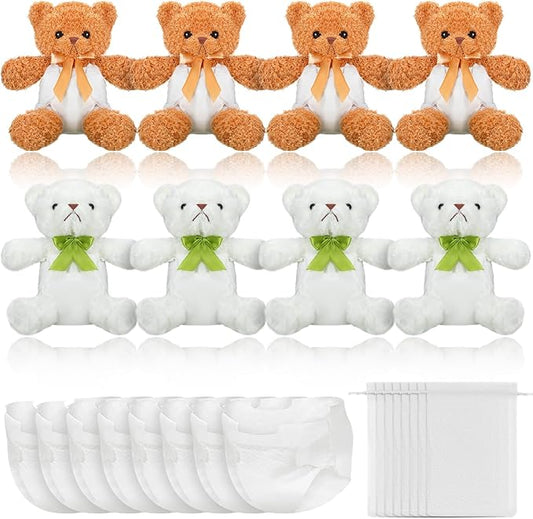 8 Sets Bear Blindfolded Diaper Changing Baby Shower Games Baby Dolls Diapers for Bridal Shower Gender Reveal Games Prizes Gifts for Adults Boys Girls (Brown,White)