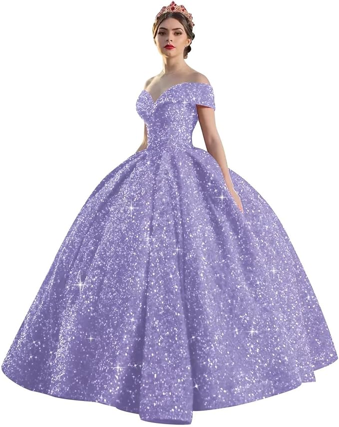 Quinceanera Dress Long Ball Gown Sparkly Sequin Off Shoulder V Neck Prom Dresses