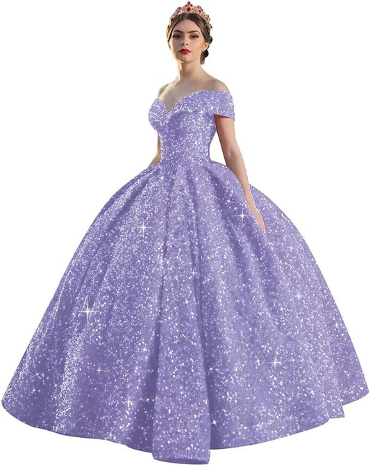 Quinceanera Dress Long Ball Gown Sparkly Sequin Off Shoulder V Neck Prom Dresses