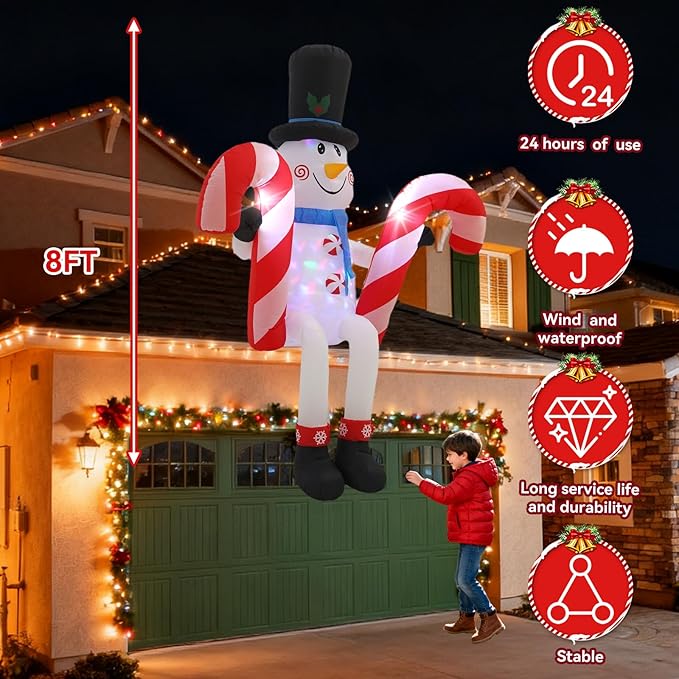 8FT Snowman Sitting on The Roof Outdoor Inflatable Decoration with LED Lights for Yard and Lawn Decorations at Christmas