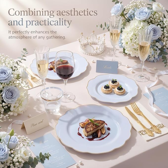 NOCCUR 175PCS Blue Plastic Plates with Gold Disposable Silverware - Include 50 Light Blue and Gold Plastic Plates,25 Knives,25 Forks,25 Spoons,25 Cups and 25 Napkins - Ideal for Shower/Spring Party