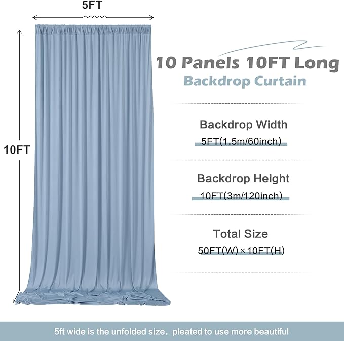 50ft x 10ft Wrinkle Free Dusty Blue Backdrop Curtain for Parties, 10 Panels 5x10ft Silky Polyester Backdrop Drapes Photo Back Drop Cloth for Wedding Birthday Baby Shower Photography Background