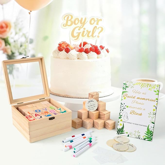 144 Pcs Baby Shower Games Sign Kit, Including 50 DIY Blank Wooden Blocks, 41 Stencils, 36 Acrylic Paint Markers, 15 Advice Cards, 1 Game Sign, 1 Storage Box for Baby Shower Games, Gender Reveal Party