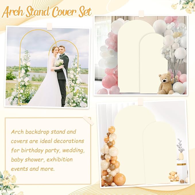 6FT 7.2FT Metal Arch Stand and Cover Set of 2 Ivory Arch Stand Cover for Round Top Stands for Bridal Baby Shower Spandex Arched Stand Cover for Birthday Party Wedding Ceremony Decorations