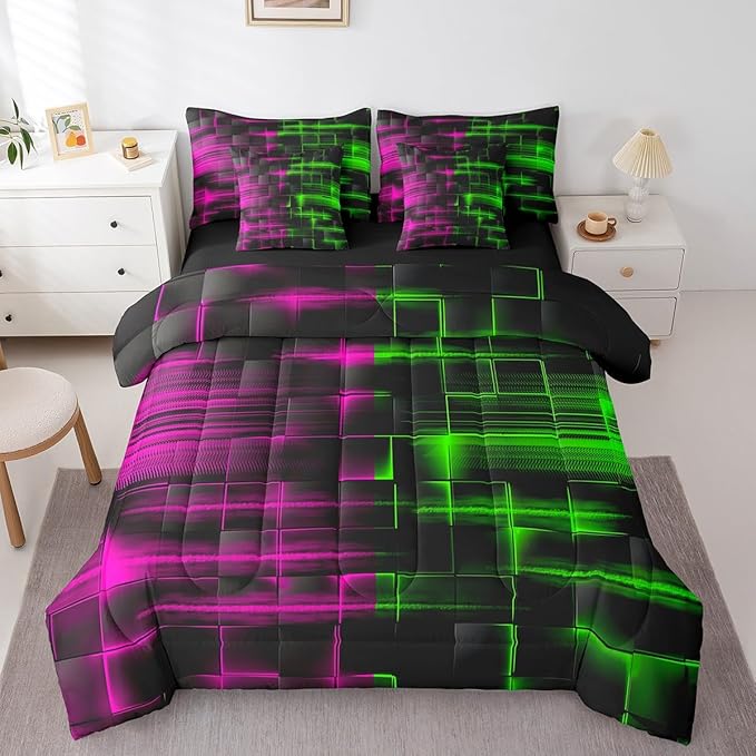 Feelyou Green and Rosered Comforter Set with Sheets 7 Piece Twin Size Kids Geometric Bed in a Bag Strip Lines Bedding Set Abstract Art Bed Set with Comforter, Sheets,Cushion Covers