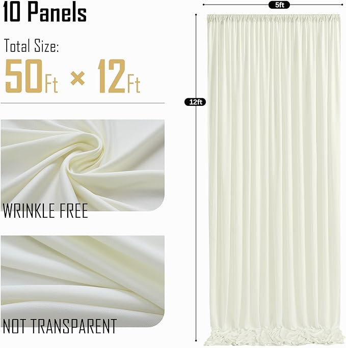 gogoparti 50ft x 12ft Ivory Wrinkle-Free Backdrop Curtain for Wedding Parties, Thick Polyester 10 Panels 5x12ft for Wedding Birthday Baby Shower Halloween Photography Party Background