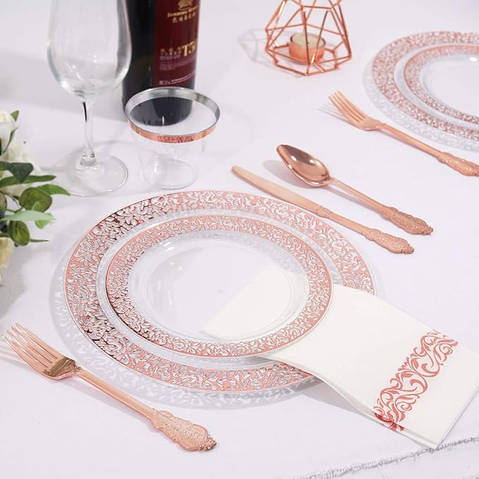 I00000 50 Guests Clear Rose Gold Plastic Plates - Disposable Dinnerware Set Includes: 100 Clear Rose Gold Plastic Plates, 150 Silverware, 50 Napkins, 50 Cups Perfect for Valentine's Day & Wedding