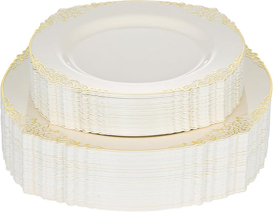 100 PCS Ivory and Gold Plastic Plates for 50 Guests, Gold Disposable Plates Include 50 PCS Dinner Plates, 50 PCS Dessert Plates for Party, Wedding and Graduation (100, Ivory White)