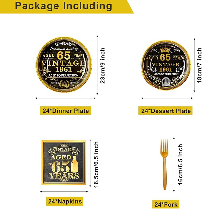 65th Birthday Decorations for Men Women, 106 PCS Back in 1961 Decorations, Vintage 65th Birthday Party Tableware Set for men,Backdrops,Card, Banner, Paper Poms,Hanging Swirl, Tableware for 24 Guests