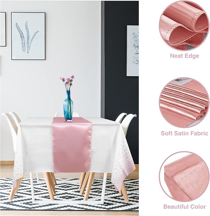 MASHAN 24 Pack White and Rose Gold Tablecloth Set - Rectangular PEVA Tablecloths and Satin Table Runners for Wedding, Baby Shower, Anniversary, Christmas, New Year Party