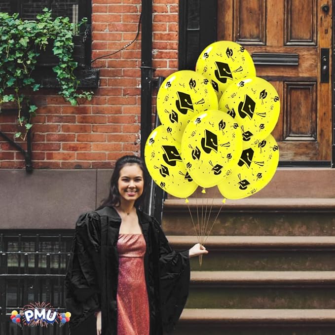 PMU 100 Pcs Yellow Graduation Balloons Class of 2025 with All-Over Print White Grad Caps-Confetti and Streamers | Graduation Party Supplies | Congratulations Grad Latex Balloons Latex