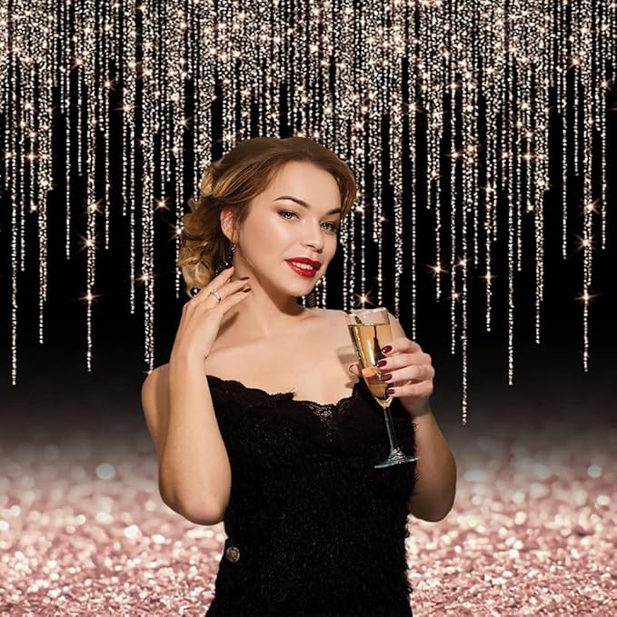 Black and Rose Gold Backdrop 10x6.5ft Glitter Photography Background for Girl Women Birthday Wedding Baby Shower Bridal Shower Vinyl Abstract Backdrop Party Decoration Banner Photo Props