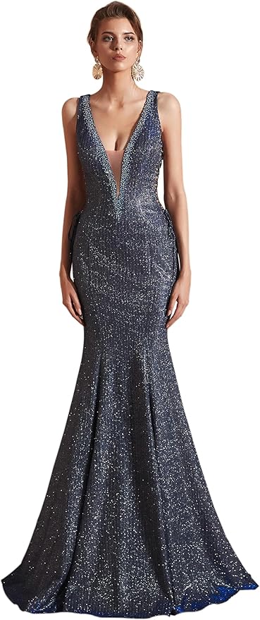 Women's Double V-Neck Sequins Lace-up Mermaid Evening Dress