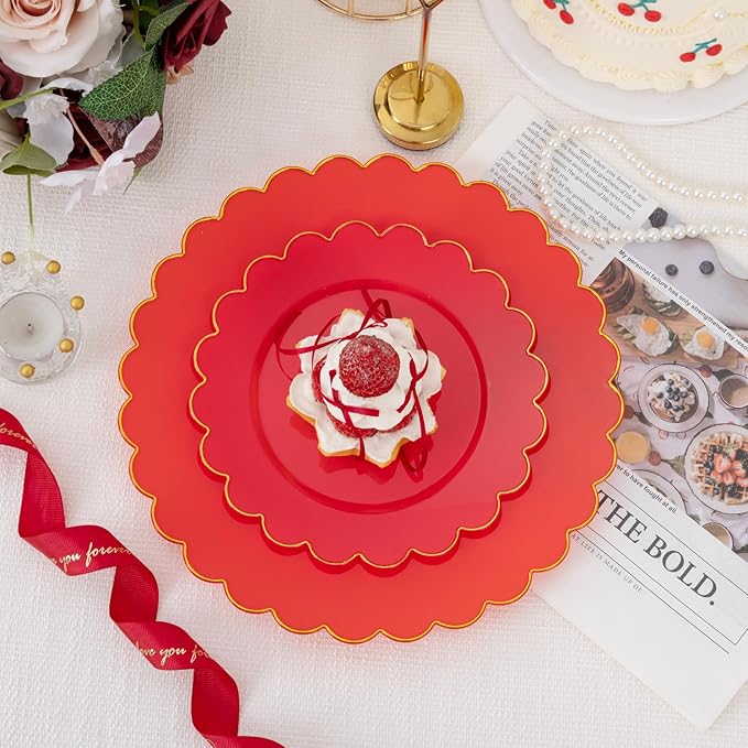 Supernal 100pcs Red Plastic Plates,Fancy Disposable Plates Heavy Duty,Red and Gold Party Supplies Including 10.25’’ Dinner & 7.5’’ Dessert Plastic Plate,Elegant Disposable Plate Suit for Party,Wedding