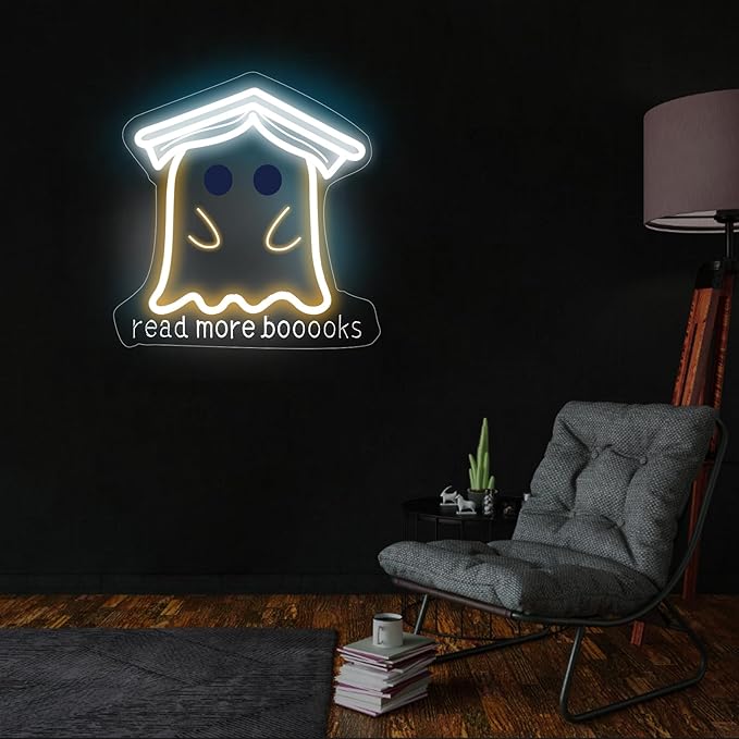 Read More Books Neon Sign, Cute Ghost Reader LED Sign Light, Kawaii Funny Ghost with Bachelor Cap Light Up Night Light for Bedroom Classroom Study Reading Room Library Decoration, 13"x13"
