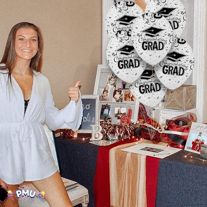PMU White Graduation Balloons Class of 2025 with All-Over Print White Grad Caps-Confetti and Streamers | Graduation Party Supplies | Congratulations Grad Latex Balloons Latex