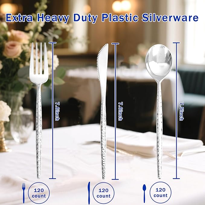 Supernal 360Pcs Silver Plastic Silverware,Disposable Silverware Heavy Duty,Hammered Disposable Cutlery,Plastic Utensils Set Include 120 Knives,120 Forks and 120 Spoons for Wedding,Party&Halloween